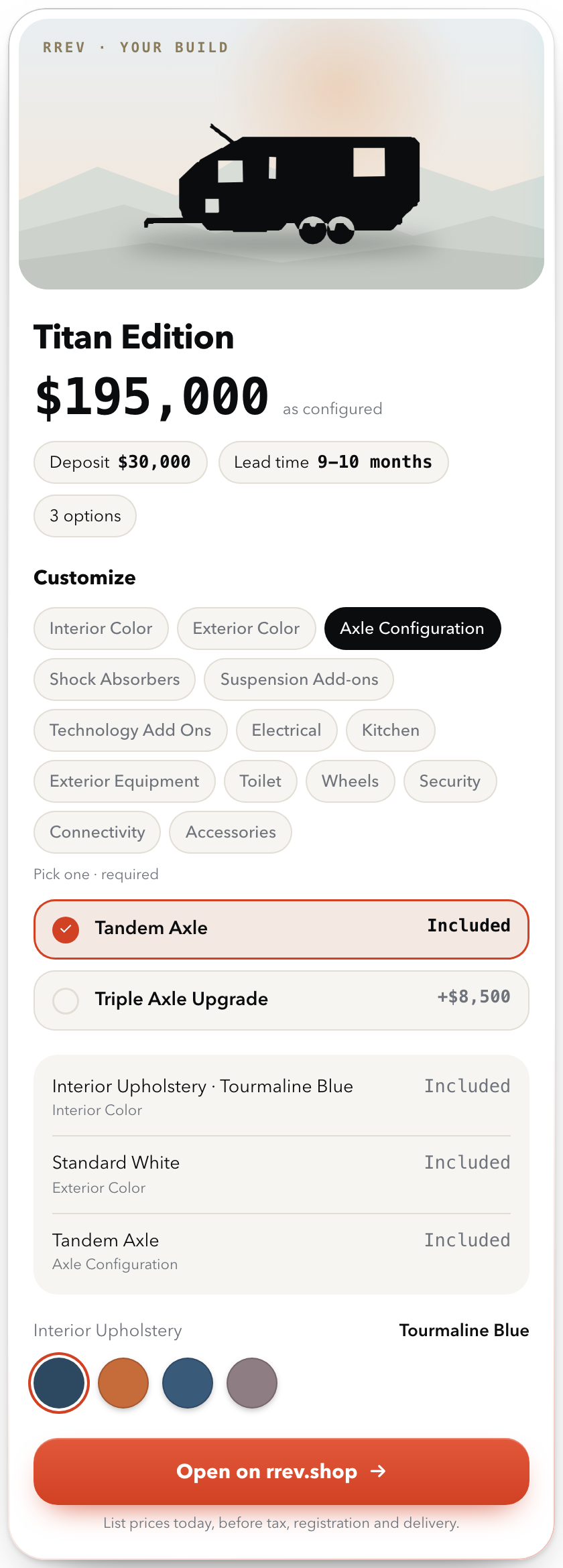 The RREV build card in chat: a Titan Edition with its price, deposit, lead time and option tabs