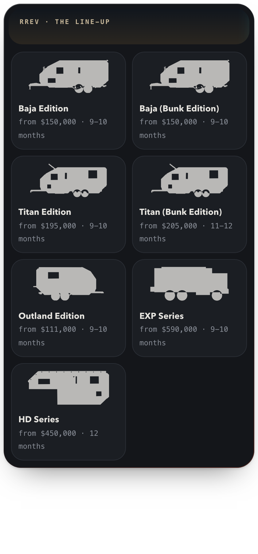 The RREV line-up card in chat: every model with its starting price and lead time