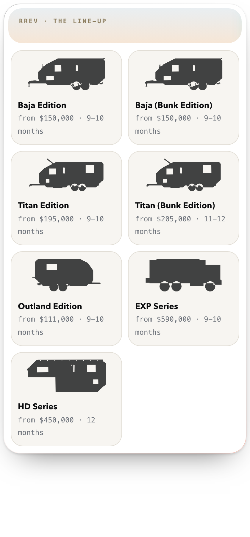 The RREV line-up card in chat: every model with its starting price and lead time
