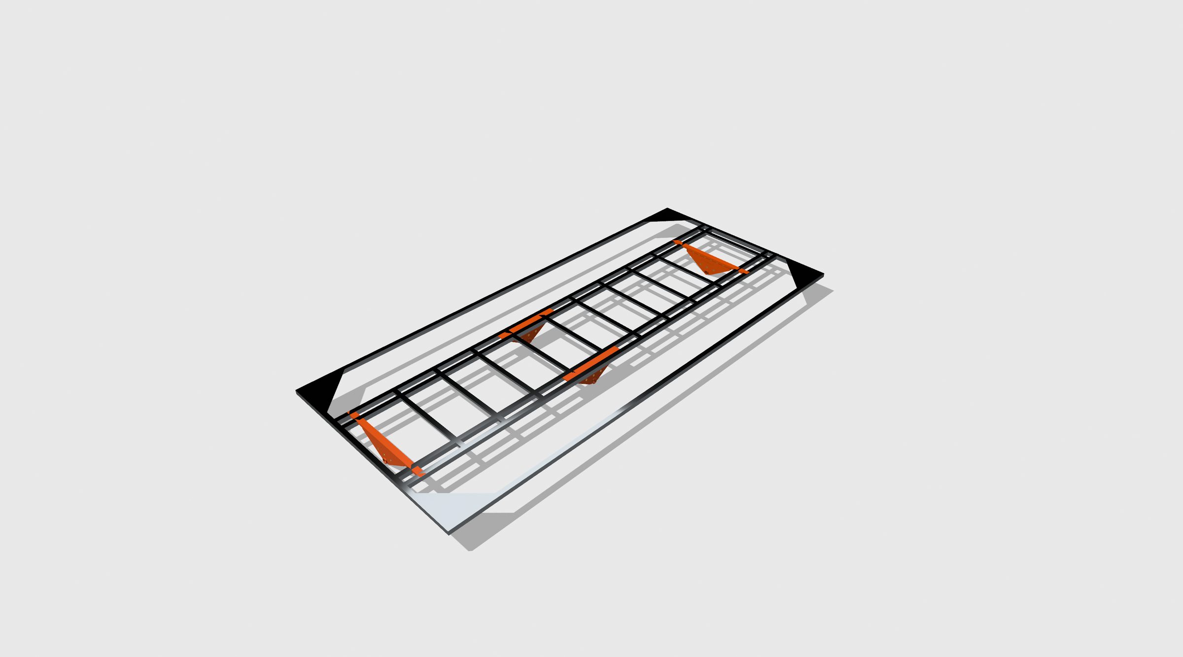 CAD render of the EXP Series subframe, steel ladder rails with orange three-point mounting gussets