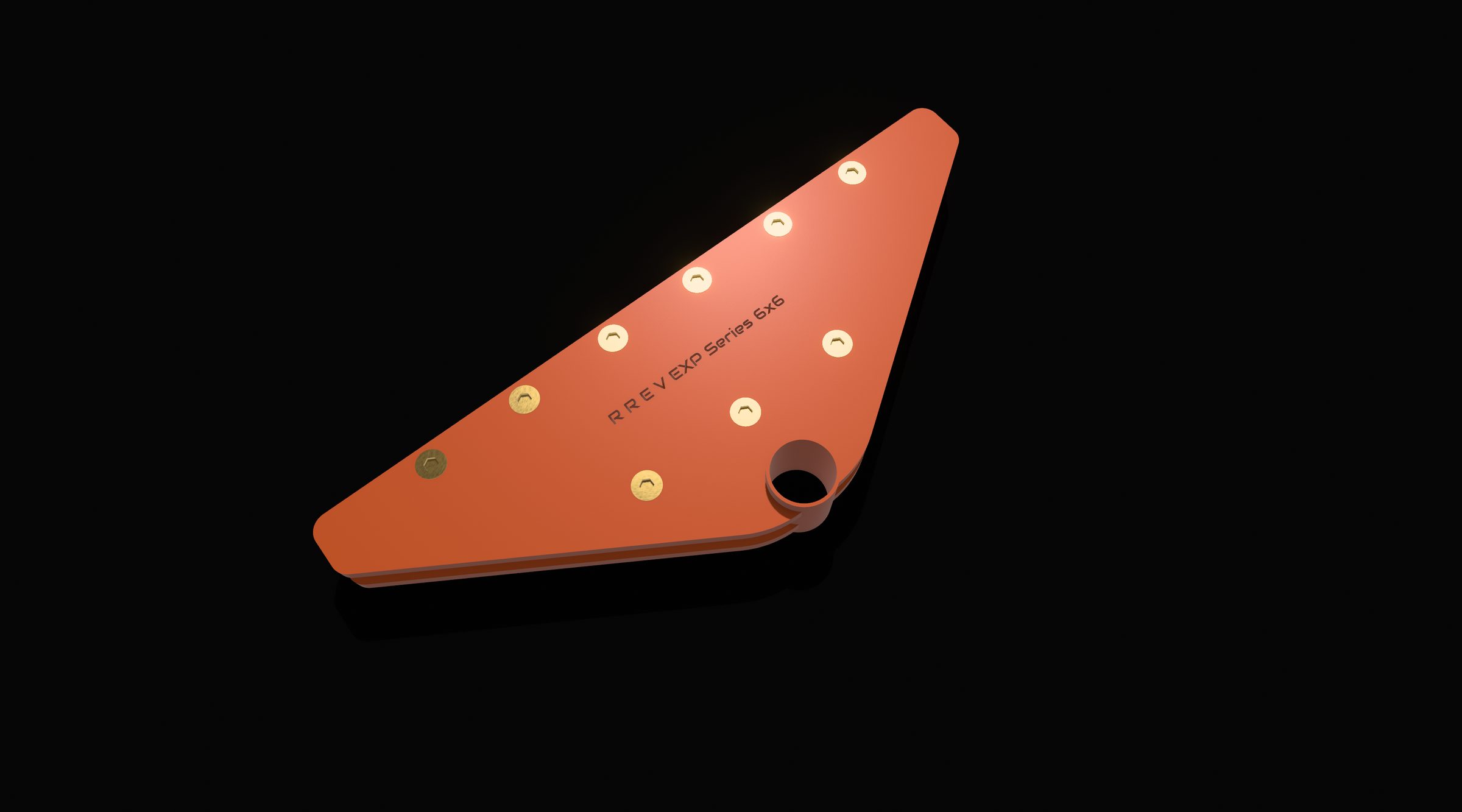 Render of an orange bolt-on mount plate engraved RREV EXP Series 6x6, lit against black