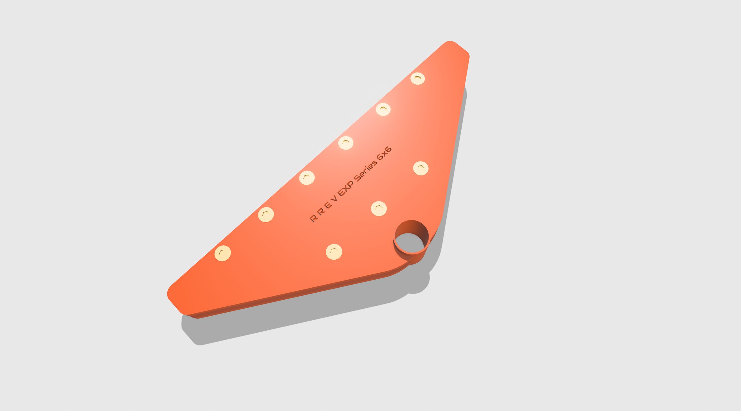 Orange 6x6 chassis mount plate on a pale studio backdrop, ten bolt holes and a pivot bore
