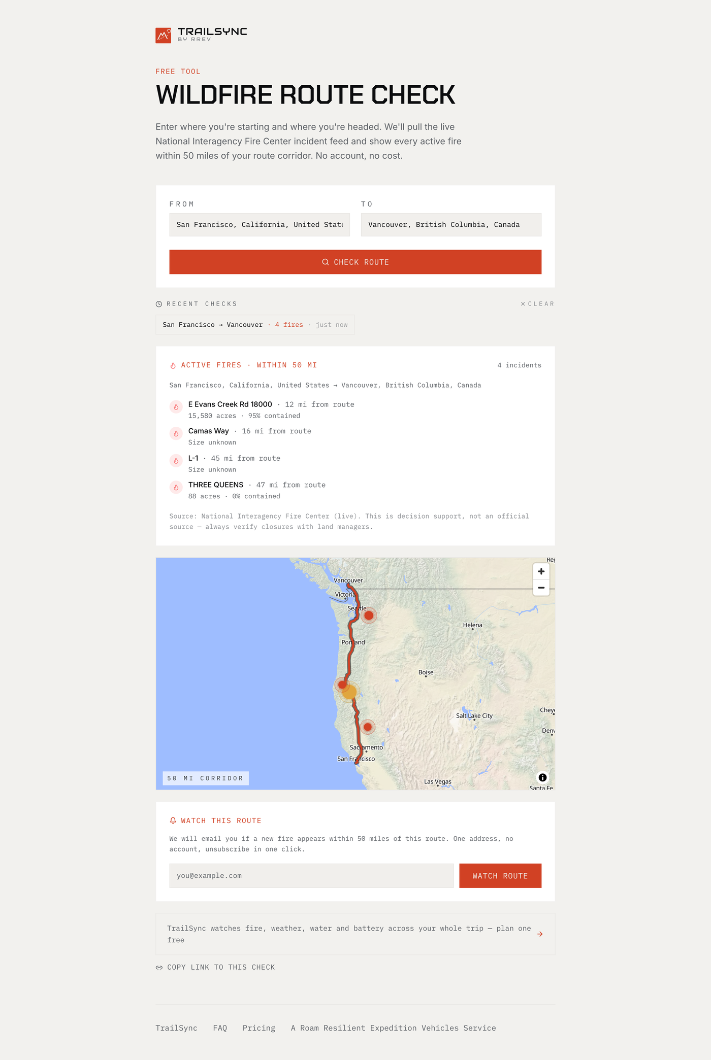 A real Fire Check result for San Francisco to Vancouver BC: four active incidents listed with distance from route, acreage and containment, above a corridor map of the route with fire markers.
