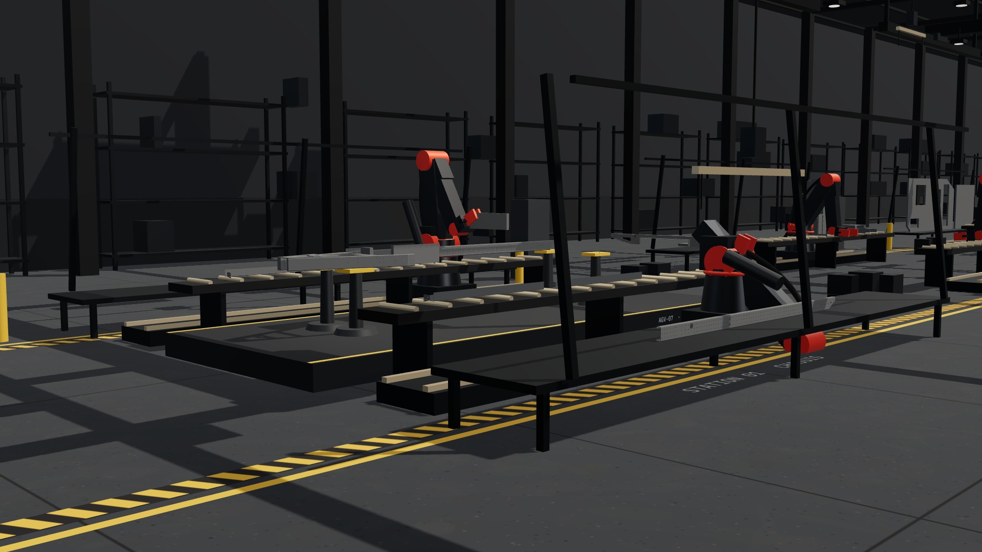 RREV Forge station one: the Outland Edition modular frame assembled on stands, rails and cross members torqued as one ladder, no running gear yet.