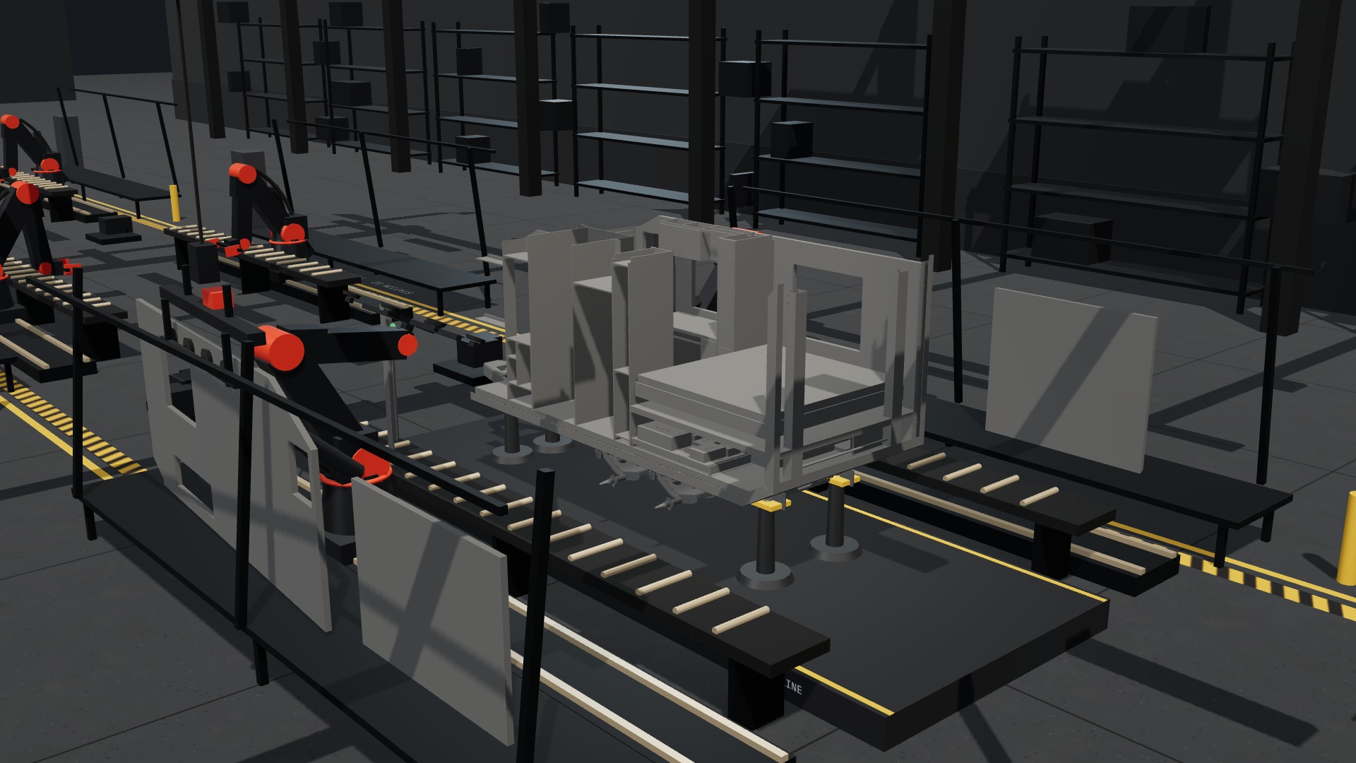 RREV Forge station three: side skins lowered vertically onto the floor edge and set plumb by a robot with a vacuum frame, corner posts already standing.