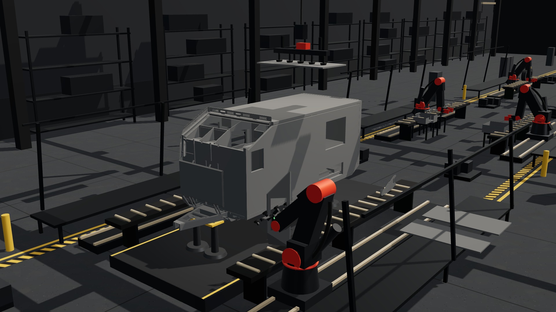 RREV Forge station four: roof sheet, three solar panels and roof rack lowered from above; front locker, rear door and swing-out galley added from the side.
