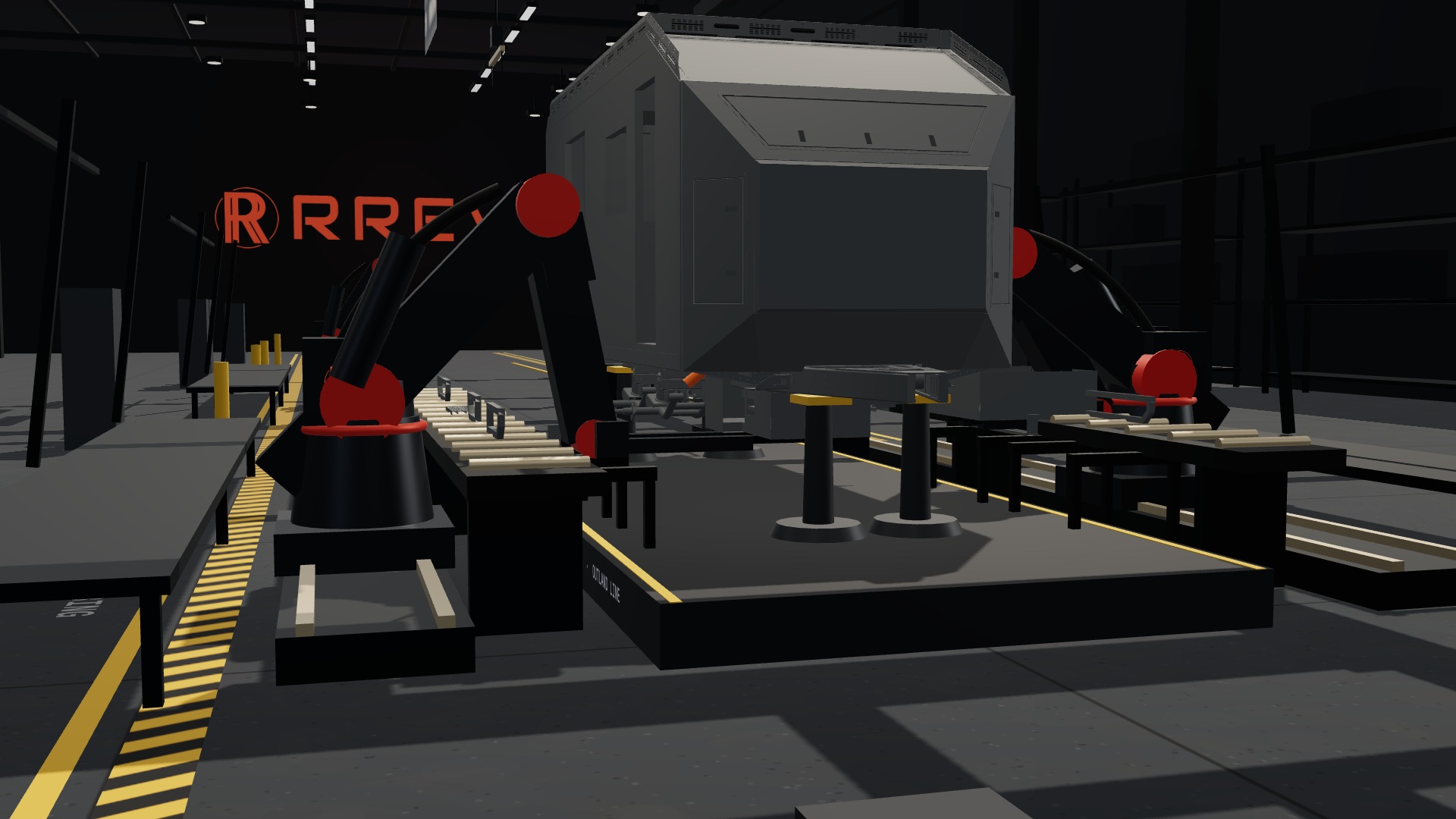 RREV Forge station five: wiring looms and water lines run through the frame and walls, under-floor storage boxes forked in level and lifted into the rails.