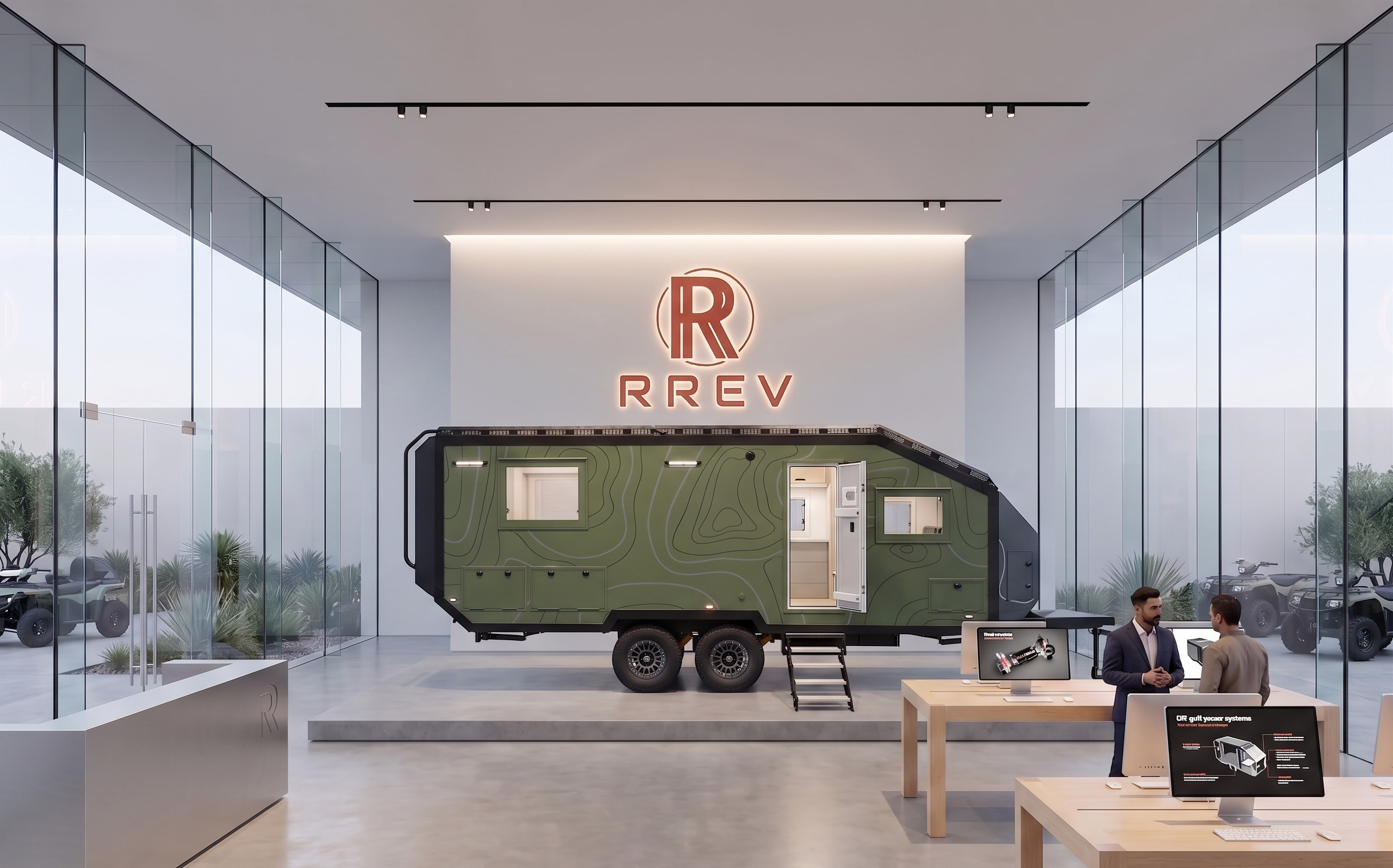 RREV Nexus — rendering of a retail space with a green Baja Edition trailer beneath the RREV mark