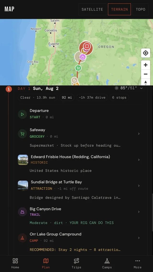 TrailSync route planner — the itinerary built around the rig's real fuel range
