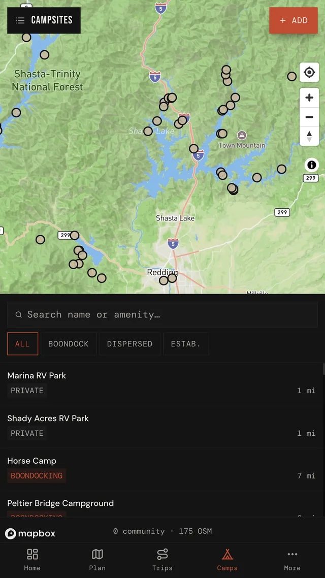 TrailSync campsites — 22,829 sites from open government data plus community additions