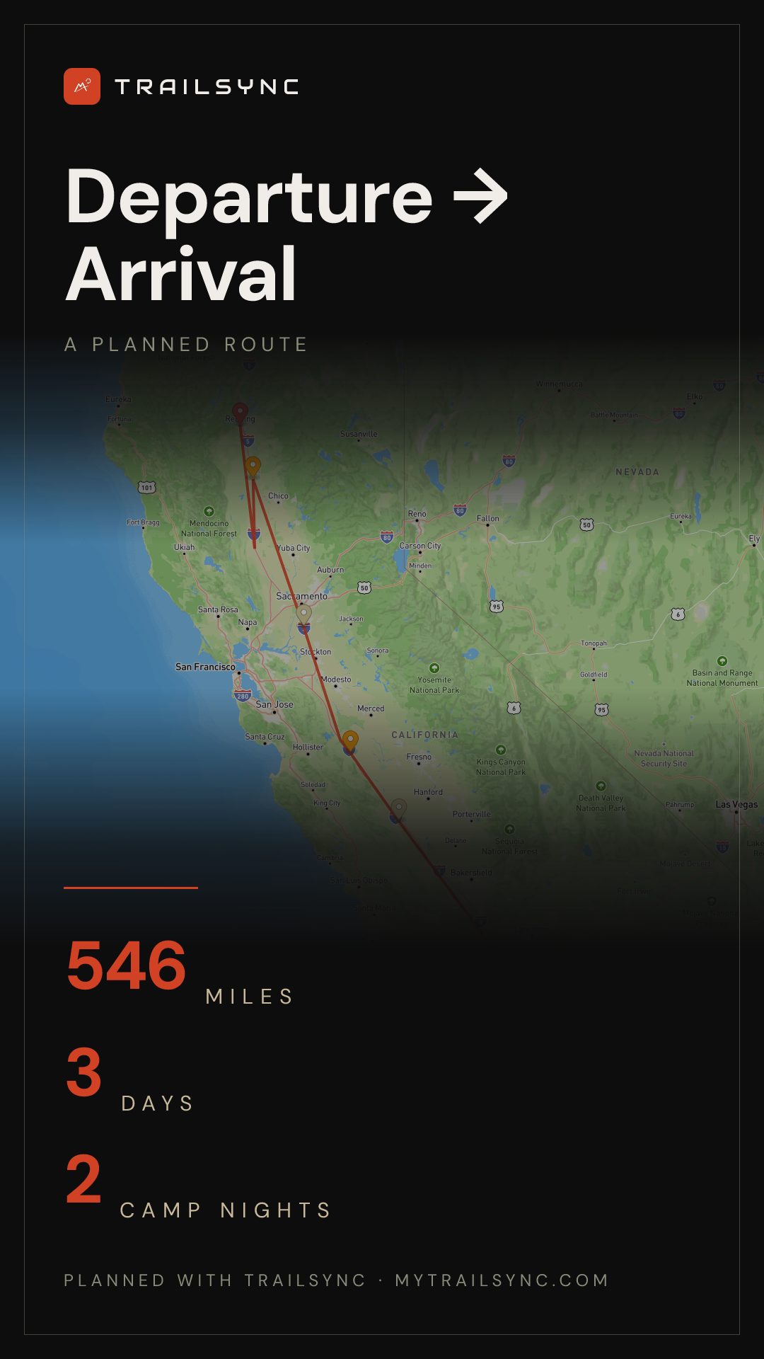 A TrailSync trip story — the route, the miles, the camp nights, ready to share