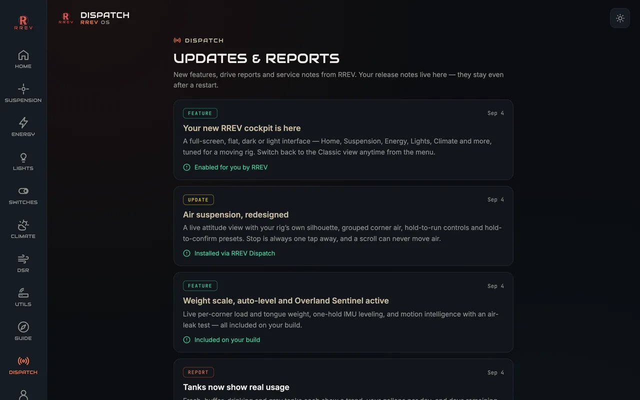 RREV OS Dispatch screen listing updates and reports
